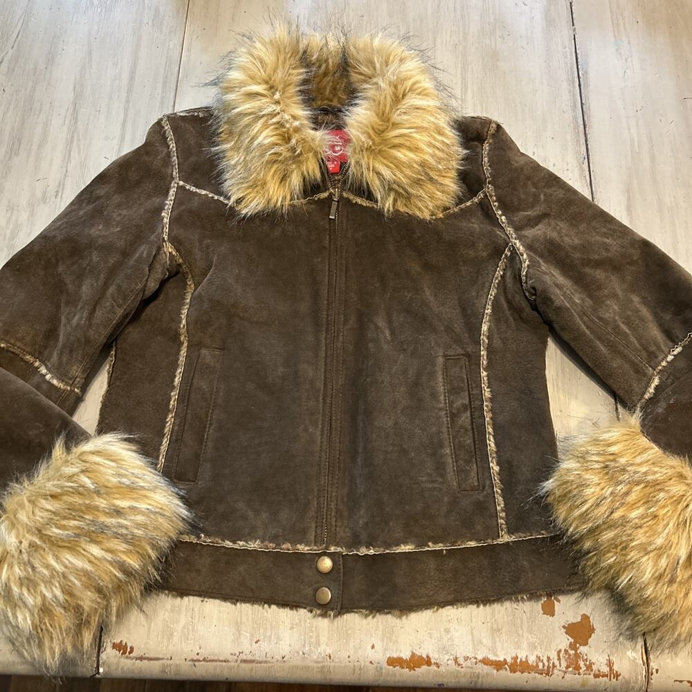 Vtg Y2K B Collection Chocolate Brown Suede Faux Fur Trim Jacket Coat Sz M Bratz